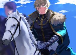 Rule 34 | 2boys, armor, blonde hair, blue cape, blue eyes, cape, collared cape, cowboy shot, excalibur galatine (fate), fate/grand order, fate (series), fur-trimmed cape, fur trim, gauntlets, gawain (fate), hair between eyes, highres, horseback riding, knight, looking to the side, male focus, multiple boys, parted lips, pectorals, potato goril, riding, short hair, solo focus, thick eyebrows