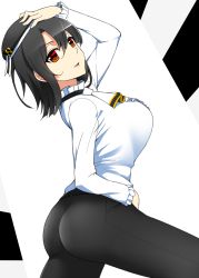 Rule 34 | 10s, 1girl, ascot, ass, beret, black hair, black pants, blouse, breasts, from side, hair between eyes, hand on headwear, hand on own hip, hat, highres, kantai collection, large breasts, looking at viewer, mattari yufi, open mouth, pants, red eyes, shirt, short hair, smile, solo, takao (kancolle), tight clothes, tight pants, white background, white shirt