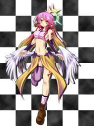 Rule 34 | 10s, 1girl, angel wings, asymmetrical legwear, breasts, collarbone, spiked halo, full body, gloves, halo, highres, jibril (no game no life), kiryu264, large breasts, long hair, looking at viewer, low wings, midriff, multicolored hair, navel, no game no life, pink hair, shoes, single shoe, smile, solo, uneven legwear, white wings, wings, yellow eyes