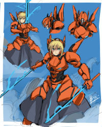 Rule 34 | 1girl, armor, arthur pendragon (fate), artoria pendragon (all), artoria pendragon (fate), blonde hair, byboss, crossover, dual wielding, energy, energy blade, energy sword, energy weapon, fate/stay night, fate (series), glowing, glowing sword, glowing weapon, green eyes, highres, holding, ionic twinblade, jaeger (pacific rim), legendary pictures, mecha, mecha musume, name connection, pacific rim, pacific rim uprising, pan pacific defense corps, power armor, robot, saber (fate), saber athena, short hair, sword, weapon