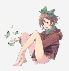Rule 34 | 1girl, :d, animal, between legs, bottomless, bow, brown eyes, brown hair, bug, butterfly, coat, from side, full body, grey background, hair bow, hand between legs, hood, hoodie, bug, looking at viewer, open mouth, original, popman3580, scarf, short hair, simple background, sitting, smile, solo, tiptoes, toes