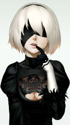 Rule 34 | 1girl, as109, black dress, blindfold, breasts, cleavage cutout, clothing cutout, dress, finger to mouth, gloves, hairband, highres, lips, medium breasts, mole, mole under mouth, nier (series), nier:automata, nose, open mouth, short hair, simple background, solo, teeth, upper body, white gloves, white hair, 2b (nier:automata)