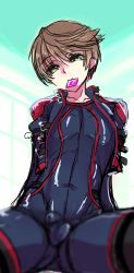 Rule 34 | 1boy, arm support, bad id, bad pixiv id, brown hair, code geass, code geass: boukoku no akito, collarbone, condom, condom in mouth, green eyes, highres, impossible clothes, looking at viewer, male focus, mouth hold, naruse yukiya, short hair, sitting, skin tight, solo, spread legs, tachibanaei