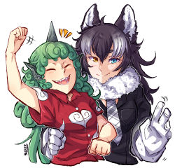 Rule 34 | 2girls, absurdres, animal ears, arm around waist, arm up, artist name, bare arms, black hair, blue eyes, breast pocket, buttons, closed eyes, closed mouth, cloud print, collared shirt, commission, cropped torso, crossover, curly hair, facing viewer, fang, fang out, fangs, fur collar, gloves, green hair, grey hair, grey wolf (kemono friends), hands up, height difference, heterochromia, highres, horns, jacket, kariyushi shirt, kemono friends, komainu, komano aunn, long hair, looking at viewer, motion lines, multicolored hair, multiple girls, necktie, open mouth, orange eyes, plaid neckwear, pocket, red shirt, shirt, short sleeves, simple background, single horn, sleep (isliping), smile, touhou, two-tone hair, upper body, white background, wolf ears, wolf girl