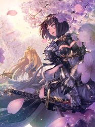 Rule 34 | 2girls, :d, armor, armored boots, armored dress, blonde hair, boots, breasts, brown eyes, brown hair, cherry blossoms, cleavage, cleavage cutout, clothing cutout, day, dress, earrings, erika (shadowverse), floating hair, flower, garter straps, gauntlets, green eyes, grey dress, head tilt, highres, holding, holding sword, holding weapon, jewelry, katana, kuroi susumu, large breasts, long hair, medium breasts, multiple girls, open mouth, outdoors, pink flower, shadowverse, short dress, short hair, sideboob, smile, sunlight, sword, thigh boots, thighhighs, very long hair, weapon