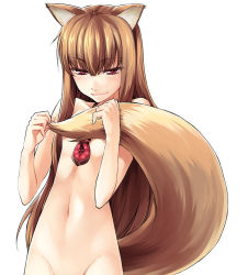 Rule 34 | 00s, animal ears, blush, covering privates, covering breasts, eyelashes, flat chest, holo, long hair, nude, out-of-frame censoring, puyo (puyotopia), red eyes, simple background, solo, spice and wolf, tail, white background, wolf ears, wolf tail