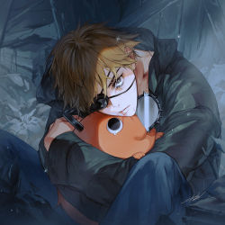 Rule 34 | 1boy, blue pants, chainsaw man, creature, danhu, denji (chainsaw man), eyepatch, highres, holding, holding creature, long sleeves, looking at viewer, pants, pochita (chainsaw man), short hair, signature, sitting, tearing up
