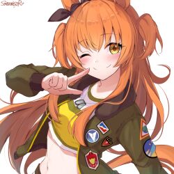 Rule 34 | 1girl, ;), animal ears, artist name, black ribbon, bow, brown jacket, closed mouth, commentary, crop top, cropped shirt, dog tags, ear ribbon, emblem, horse ears, horse girl, horse tail, jacket, long hair, long sleeves, looking at viewer, mayano top gun (umamusume), midriff, navel, one eye closed, orange eyes, orange hair, patch, pointing, pointing at self, ribbon, sazamiso rx, shirt, signature, simple background, smile, solo, tail, two side up, umamusume, upper body, white background, yellow shirt