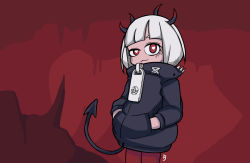 Rule 34 | 1girl, alternate color, black jacket, blunt bangs, closed mouth, commentary request, demon girl, demon horns, demon tail, eyebrows hidden by hair, hands in pockets, heart, heart-shaped pupils, helltaker, highres, horns, jacket, jitomi monoe, owlsoda, pantyhose, pentagram, red eyes, red pantyhose, solo, spikes, standing, symbol-shaped pupils, tail, uneven eyes, virtual youtuber, voms, white hair, zipper pull tab