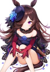Rule 34 | 1girl, animal ears, bare shoulders, black bow, blue dress, blue flower, blue hat, blue rose, blush, bow, breasts, brown hair, closed mouth, collarbone, commentary request, dagger, dress, feet out of frame, flower, hair over one eye, hat, hat flower, highres, horse ears, horse girl, horse tail, hugging own legs, jehyun, knees together feet apart, knees up, knife, long hair, long sleeves, off-shoulder dress, off shoulder, petals, purple eyes, rice shower (umamusume), rose, sitting, sleeves past wrists, small breasts, solo, tail, tilted headwear, umamusume, very long hair, weapon, white background