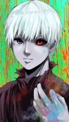 Rule 34 | 1boy, absurdres, black nails, black shirt, closed mouth, commentary request, green background, grey hair, hand up, heterochromia, highres, kaneki ken, looking at viewer, male focus, multicolored background, nail polish, purple eyes, red background, red eyes, shirt, short hair, solo, tokyo ghoul, tomato (akait0mat0), torn clothes, torn shirt