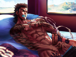 Rule 34 | 10s, 2boys, abs, bed, black hair, cum, dreadful alibi, ejaculation, erection, facial hair, final fantasy, final fantasy xv, gladiolus amicitia, gloves, handjob, lying, male focus, multiple boys, muscular, naughty face, orgasm, pectorals, penis, penis grab, pillow, prompto argentum, scar, topless male, smile, testicle grab, testicles, uncensored, window, yaoi