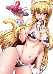 Rule 34 | 1girl, animal ears, aqua eyes, bare shoulders, bikini, black bikini, blonde hair, blush, breasts, cat ears, cat tail, collarbone, cowboy shot, detached collar, dildo, fang, groin, highres, holding, holding tray, large breasts, long hair, looking at viewer, maid, maid bikini, navel, nokoppa, open mouth, original, sex toy, sidelocks, simple background, skindentation, smile, solo, stomach, swimsuit, tail, tenga, tray, unconventional maid, vibrator, white background, wrist cuffs
