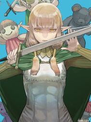 1girl blonde_hair blue_background cloak dungeon_meshi edo_mond_(edoedoedomond) elf gorget green_cloak hair_tubes highres holding holding_sword holding_weapon long_hair long_sleeves looking_at_viewer low-tied_sidelocks milsiril_(dungeon_meshi) parted_lips pointy_ears puppet shaded_face shirt solo straight-on stuffed_animal stuffed_toy sword teddy_bear upper_body weapon yellow_eyes