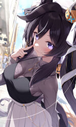 Rule 34 | 1girl, animal ears, bag, black hair, blush, breasts, closed mouth, day, hair between eyes, highres, horse ears, horse girl, horse tail, jewelry, long hair, long sleeves, medium breasts, necklace, outdoors, pleated skirt, purple eyes, saboten mushi, skirt, smile, solo, tail, twintails, umamusume, vivlos (umamusume), white skirt