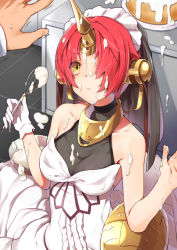 Rule 34 | 1boy, 1girl, bandages, bare shoulders, breasts, cake, cleavage, cooking, double bun, fate/apocrypha, fate/grand order, fate (series), food, frankenstein&#039;s monster (fate), gloves, hair ornament, hair over one eye, headgear, holding, horns, looking at another, looking up, medium breasts, navel, pink hair, short hair, single glove, single horn, smile, solo focus, yellow eyes, yuuzuki (re&#039;ef)