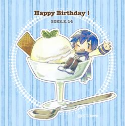Rule 34 | 1boy, blue background, blue eyes, blue hair, blue scarf, brown pants, chibi, coat, commentary, dated, food, happy birthday, ice cream cup, ice cream scoop, kaito (vocaloid), looking at viewer, male focus, mini person, miniboy, mint, one eye closed, outstretched arm, pants, scarf, shiibe (siiibeee), solo, spoon, striped, striped background, twitter username, vocaloid, wafer, waving, white coat