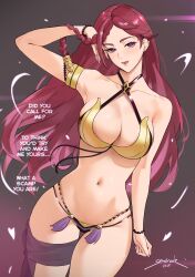 Rule 34 | 1girl, 2023, alternate costume, arm up, artist name, bare arms, bare shoulders, bead bracelet, beads, bikini, bracelet, braid, braided bangs, breasts, cleavage, collarbone, commentary, dated, earclip, earrings, english commentary, english text, eyelashes, female focus, fire emblem, fire emblem heroes, grey background, groin, halterneck, hand in own hair, hand up, highres, jewelry, large breasts, licking lips, loki (fire emblem), loki (summer) (fire emblem), long hair, looking at viewer, multi-strapped bikini, nail polish, naughty face, navel, nintendo, official alternate costume, parted lips, purple eyes, red hair, sendo (sendrawz), signature, simple background, smile, solo, stomach, stud earrings, swimsuit, thigh gap, tongue, tongue out, very long hair