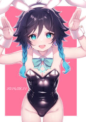 1boy absurdres animal_ears aqua_bow aqua_bowtie aqua_eyes aqua_hair arms_up black_hair black_leotard blush bow bowtie braid bulge chest_tattoo fake_animal_ears genshin_impact gradient_hair hairband hands_up highres leotard looking_at_viewer male_focus momochiwood multicolored_hair open_mouth playboy_bunny rabbit_ears smile solo tattoo trap twin_braids venti_(genshin_impact) white_hairband