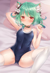 Rule 34 | 1girl, animal collar, animal ear fluff, animal ears, arm behind head, bed, black ribbon, blue one-piece swimsuit, blush, bow, cat ears, collar, covered navel, ear ribbon, green hair, head on pillow, hololive, looking at viewer, lying, navel, nikoo, on back, one-piece swimsuit, pillow, red eyes, ribbon, short hair, short twintails, skull ornament, solo, swimsuit, thighhighs, twintails, uruha rushia, virtual youtuber, wet, wet clothes, wet swimsuit, white thighhighs
