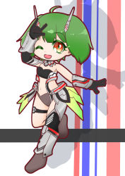 Rule 34 | 1girl, :d, black gloves, chibi, clothing cutout, cosplay, gloves, green hair, highres, korona ukiyo, looking at viewer, macross, macross frontier, mecha musume, navel, one eye closed, open hand, open mouth, ranka lee, shadow, short hair, smile, solo, stomach cutout, thigh strap, vf-25, vf-25 (cosplay)