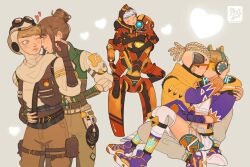 Rule 34 | 2boys, 4girls, ^ ^, animification, apex legends, belt, black gloves, blonde hair, breasts, brown belt, brown hair, brown headwear, brown pants, brown scarf, brown sweater, brown vest, carrying, closed eyes, collared shirt, cornrows, cropped shirt, crypto (apex legends), fingerless gloves, friendly fire pathfinder, gloves, goggles, goggles on headwear, green gloves, green vest, grey background, grey eyes, grey hair, hair bun, heart, humanoid robot, hype beast crypto, jacket, kiss, medium breasts, midriff, multiple boys, multiple girls, multiple persona, navel, nica (robbeary), nuzzle, official alternate costume, one-eyed, one eye closed, orange-tinted eyewear, outlands explorer wattson, pants, pathfinder (apex legends), piggyback, pouch, purple footwear, robot, rocket scientist wattson, scarf, shirt, shoes, short hair, shorts, single hair bun, sitting, sitting on lap, sitting on person, sneakers, sunglasses, sweater, thigh pouch, thighhighs, thunder kitty wattson, tinted eyewear, vest, veteran voyager wraith, wattson (apex legends), white shirt, white shorts, white thighhighs, wraith (apex legends), yellow jacket, yuri