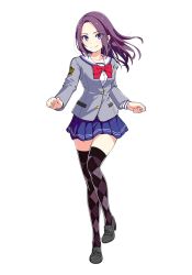 Rule 34 | 1girl, blazer, blue skirt, bow, buttons, collared shirt, earrings, full body, grey blazer, jacket, jewelry, loafers, long hair, looking at viewer, magicami, miniskirt, official art, parted lips, pleated skirt, purple hair, school uniform, shirt, shoes, sidelocks, skirt, smile, sodeshiro seira, thighhighs, transparent background, white shirt, zettai ryouiki