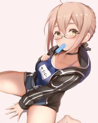 Rule 34 | 1girl, absurdres, artoria pendragon (fate), barefoot, between legs, blush, braid, brown hair, competition school swimsuit, fate (series), food, french braid, hair between eyes, hand between legs, highres, hood, hooded track jacket, jacket, looking at viewer, maosame, mouth hold, mysterious heroine x alter (fate), mysterious heroine x alter (second ascension) (fate), name tag, one-piece swimsuit, open clothes, open jacket, popsicle, school swimsuit, sidelocks, sitting, solo, swimsuit, thighs, track jacket, wariza, yellow eyes
