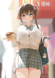 Rule 34 | 1girl, absurdres, bag, bag charm, black bra, blue eyes, blue neckwear, blue skirt, blurry, blurry background, bow, bra, bra visible through clothes, breasts, brown hair, charm (object), chinese commentary, cleavage, collarbone, food, hair bow, highres, holding, holding food, hot dog, large breasts, looking at viewer, mask, unworn mask, mouth mask, original, painnico, pleated skirt, popped button, school bag, school uniform, see-through, shirt, side ponytail, skirt, solo, standing, surgical mask, underwear, uniform, white shirt