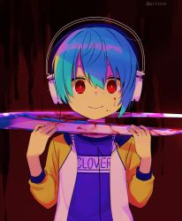 Rule 34 | 1boy, blood, blood on face, blue hair, headphones, jacket, looking at viewer, male focus, original, os (os fresa), red eyes, scissors, smile, solo, souta (os), twitter username