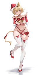Rule 34 | 1girl, absurdres, animal ears, bell, blonde hair, breasts, christmas, closed mouth, commentary, english commentary, full body, hair between eyes, hands up, hat, high heels, highres, jingle bell, kuza brs, large breasts, looking at viewer, navel, original, red eyes, red footwear, revealing clothes, santa costume, santa hat, short hair, simple background, smile, solo, standing, standing on one leg, tail, thighhighs, v, white background, white thighhighs