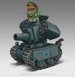 Rule 34 | blouse, blue shirt, brown eyes, colored skin, commentary, english commentary, fang, goblin, green skin, hat, highres, leaning forward, mike doscher, military, military hat, military vehicle, missile pod, motor vehicle, no humans, original, shirt, solo, tank, vehicle focus, watermark, web address