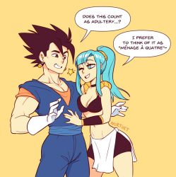 Rule 34 | 1boy, 1girl, artist name, black eyes, black hair, blue eyes, blue hair, breasts, bulchi, bulma, chi-chi (dragon ball), cleavage, dragon ball, english text, fusion, large breasts, long hair, matching hair/eyes, midriff, muscular, muscular male, navel, nortuet, one eye closed, revealing clothes, short hair, smile, stomach, vegetto, vegito, wide hips, wink