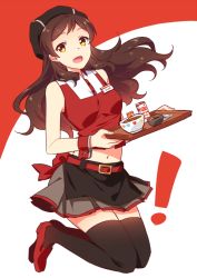 Rule 34 | !, 1girl, :d, apron, belt, belt buckle, black apron, black hat, black thighhighs, brown hair, buckle, floating hair, full body, grey skirt, hat, holding, holding plate, idolmaster, idolmaster million live!, idolmaster million live! theater days, kitazawa shiho, long hair, midriff, miniskirt, navel, open mouth, plate, pleated skirt, red background, red belt, red footwear, red shirt, shirt, sketch, skirt, sleeveless, sleeveless shirt, smile, solo, stomach, thighhighs, touon, two-tone background, waist apron, white background, wrist cuffs, yellow eyes, zettai ryouiki