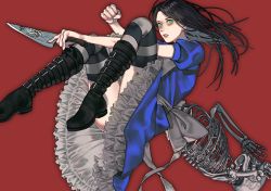 Rule 34 | 1girl, alice: madness returns, alice (alice in wonderland), alice in wonderland, alice liddell (american mcgee&#039;s alice), american mcgee&#039;s alice, american mcgee's alice, black hair, boots, dress, green eyes, knife, lips, long hair, skeleton, striped clothes, striped thighhighs, thighhighs, weapon