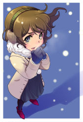 Rule 34 | bad id, bad pixiv id, blue eyes, brown hair, coat, cold, earmuffs, from above, mittens, null (chronix), original, pantyhose, short hair, snow, solo