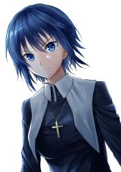 Rule 34 | 1girl, absurdres, blue dress, blue eyes, blue hair, breasts, chain, chain necklace, ciel (tsukihime), closed mouth, commentary, cross, cross necklace, dress, habit, hair between eyes, highres, jewelry, latin cross, long sleeves, looking at viewer, medium breasts, necklace, nun, porte, serious, short hair, simple background, solo, traditional nun, tsukihime, tsukihime (remake), upper body, white background