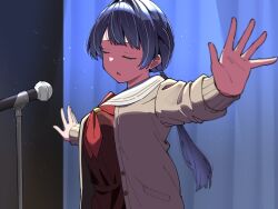 Rule 34 | 1girl, blue hair, blue sailor collar, brown cardigan, brown dress, cardigan, closed eyes, commentary, dress, hair intakes, hasu no sora school uniform, highres, link! like! love live!, liz (piyoko piyop), long hair, long sleeves, love live!, microphone stand, murano sayaka, neckerchief, open cardigan, open clothes, open mouth, outstretched arms, red neckerchief, sailor collar, school uniform, sidelocks, solo, standing, twintails, upper body, virtual youtuber, winter uniform