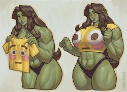 Rule 34 | 1girl, abs, before and after, biceps, black hair, black panties, breasts, colored skin, commentary, crop top, cropped jacket, cross scar, english commentary, female orc, flushed face emoji, flushed face emoji shirt (meme), fraeya (m4rjinn), green skin, highres, holding, holding clothes, holding shirt, huge breasts, long hair, m4rjinn, meme, multiple views, muscular, muscular female, orc, original, panties, pointy ears, scar, scar on shoulder, shirt, solo, taut clothes, taut shirt, thick thighs, thighs, topless, tusks, undersized clothes, underwear, yellow shirt