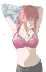 Rule 34 | arm over head, armpits, arms up, bra, breasts, chainsaw man, highres, large breasts, looking at viewer, makima (chainsaw man), mitsugu, pink bra, ringed eyes, solo, underwear, undressing