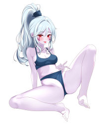 Rule 34 | 1girl, :p, absurdres, barefoot, blue bra, blue eyes, blue hair, blue panties, blue skin, bra, breasts, cleavage, closed mouth, colored skin, dota (series), dota 2, drow ranger (dota), facepaint, full body, highres, long hair, looking at viewer, navel, panties, ponytail, red eyes, smile, soles, solo, toes, tongue, tongue out, underwear, white background, xiao cai miao