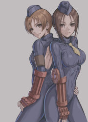 Rule 34 | 2girls, absurdres, armband, back cutout, bodysuit, breasts, brown eyes, brown hair, capcom, closed mouth, clothing cutout, commentary, covered navel, fingerless gloves, garrison cap, gloves, grey background, hand on own hip, hat, highres, juli (street fighter), juni (street fighter), light brown hair, lips, long sleeves, looking at viewer, medium breasts, multiple girls, necktie, red gloves, ribbed bodysuit, shadaloo dolls, short hair, simple background, skin tight, street fighter, street fighter zero (series), tyanoki