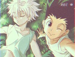 Rule 34 | 2boys, black hair, blue eyes, child, enoki (gongindon), gon freecss, hunter x hunter, killua zoldyck, looking at viewer, lying, male focus, multiple boys, official alternate costume, official style, on back, one eye closed, recording, selfie, short hair, sleeping, smile, spiked hair, tank top, tree shade, upper body, white hair, white tank top