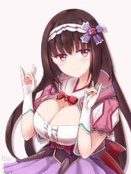 Rule 34 | 1girl, black hair, blush, breasts, cleavage, closed mouth, fate/grand order, fate (series), fox shadow puppet, hairband, kousi sirazawa, large breasts, long hair, looking at viewer, low twintails, osakabehime (fate), purple eyes, signature, skirt, smile, solo, twintails