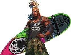 Rule 34 | 1boy, alternate costume, artist request, beard, blonde hair, bracelet, cedric (chaos online), chaos online, cornrows, cowboy shot, cross, cross necklace, earrings, facial hair, facial tattoo, green eyes, hand on own hip, highres, holding, holding behind back, jewelry, looking at viewer, male focus, muscular, necklace, official art, parted lips, pectorals, ring, skull, solo, surfboard, tank top, tattoo, transparent background