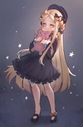 Rule 34 | 1girl, abigail williams (fate), black bow, black dress, black hat, blonde hair, bloomers, blue eyes, blush, bow, breasts, dress, fate/grand order, fate (series), forehead, full body, hair bow, hat, highres, long hair, long sleeves, looking at viewer, miya (miyaruta), multiple hair bows, orange bow, parted bangs, ribbed dress, sleeves past fingers, sleeves past wrists, small breasts, smile, solo, stuffed animal, stuffed toy, teddy bear, underwear, white bloomers