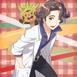 Rule 34 | 1boy, ;d, augustine sycamore, belt, black pants, brown hair, chespin, commentary request, creatures (company), curly hair, facial hair, game freak, gen 6 pokemon, green eyes, hand in pocket, kanimaru, lab coat, male focus, nintendo, one eye closed, open mouth, pants, pokemon, pokemon (anime), pokemon (creature), pokemon on back, pokemon xy (anime), shirt, short hair, smile, tongue, yellow belt
