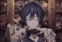Rule 34 | 1boy, absurdres, black gloves, blue hair, blue nails, card, closed eyes, closed mouth, commentary, dark blue hair, doll, facing viewer, frilled sleeves, frills, gloves, hair between eyes, half gloves, highres, holding, holding card, ill 0619, jacket, jacket on shoulders, kaito (vocaloid), leaning forward, male focus, matryoshka doll, nail polish, pale skin, playing card, portrait, shelf, shirt, short hair, smile, solo, stuffed toy, vocaloid, white shirt