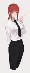 1girl, absurdres, bangs, black neckwear, braid, braided ponytail, breasts, chainsaw man, collared shirt, cropped legs, formal, highres, large breasts, long sleeves, looking at viewer, makima (chainsaw man), necktie, ringed eyes, shirt, simple background, smile, solo, takita (takita3411), white background, white shirt, yellow eyes