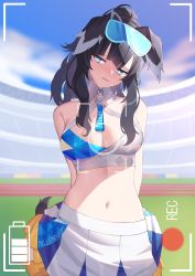 Rule 34 | 1girl, animal ears, arms behind back, bare shoulders, blue archive, blue eyes, blush, breasts, bright pupils, cheerleader, cleavage, contrapposto, cowboy shot, crop top, detached collar, dog ears, dog girl, dog tail, english text, eyewear on head, goggles, goggles on head, halo, head tilt, hibiki (blue archive), hibiki (cheer squad) (blue archive), highres, holding, holding pom poms, its2h35, jitome, large breasts, looking away, looking to the side, midriff, millennium cheerleader outfit (blue archive), miniskirt, navel, open mouth, pom pom (cheerleading), pom poms, ponytail, sidelocks, skirt, stadium, tail, viewfinder, white skirt
